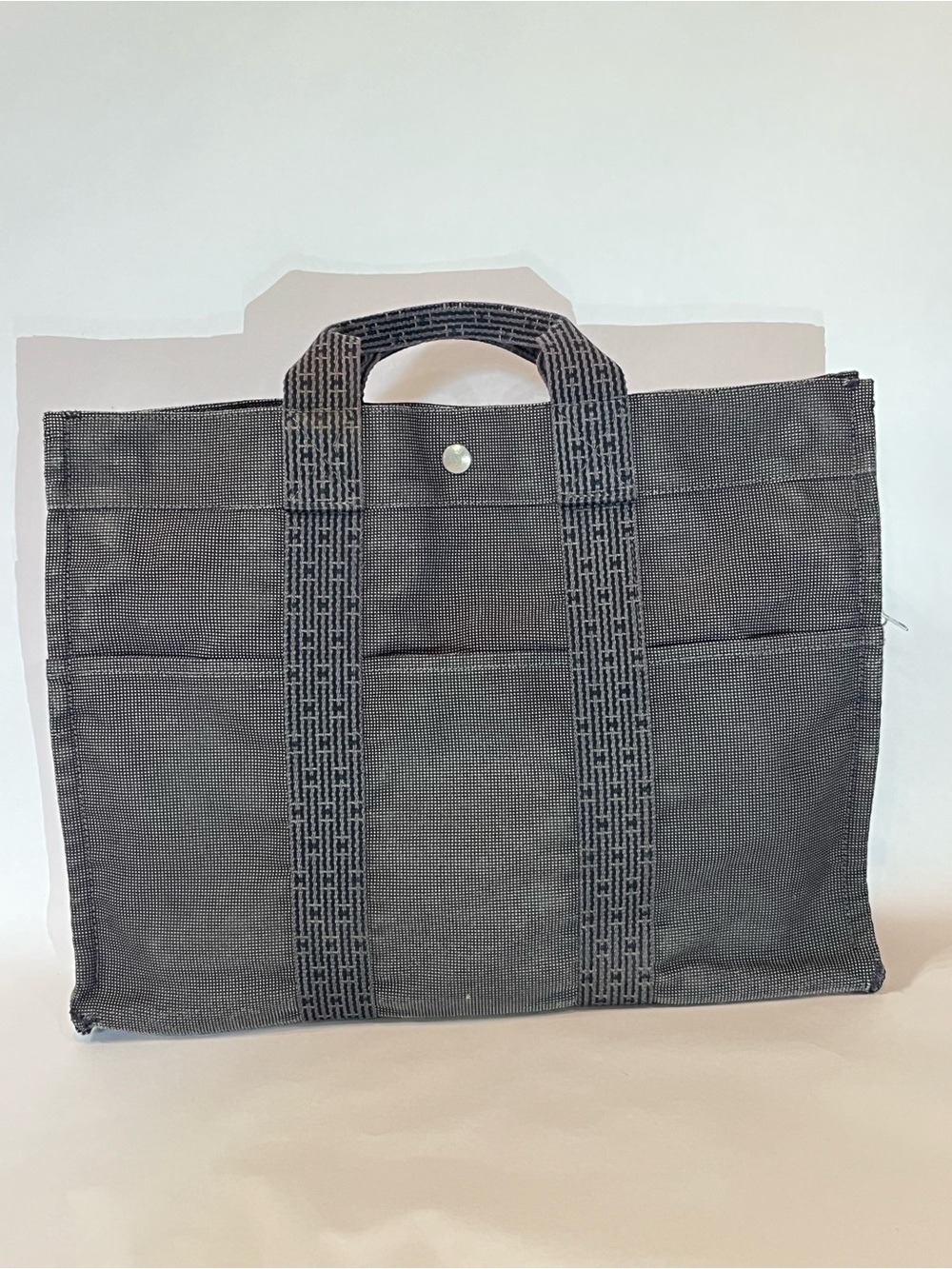 Hermes Gray Canvas Tote with Patterned Webbing Handles 🇫🇷